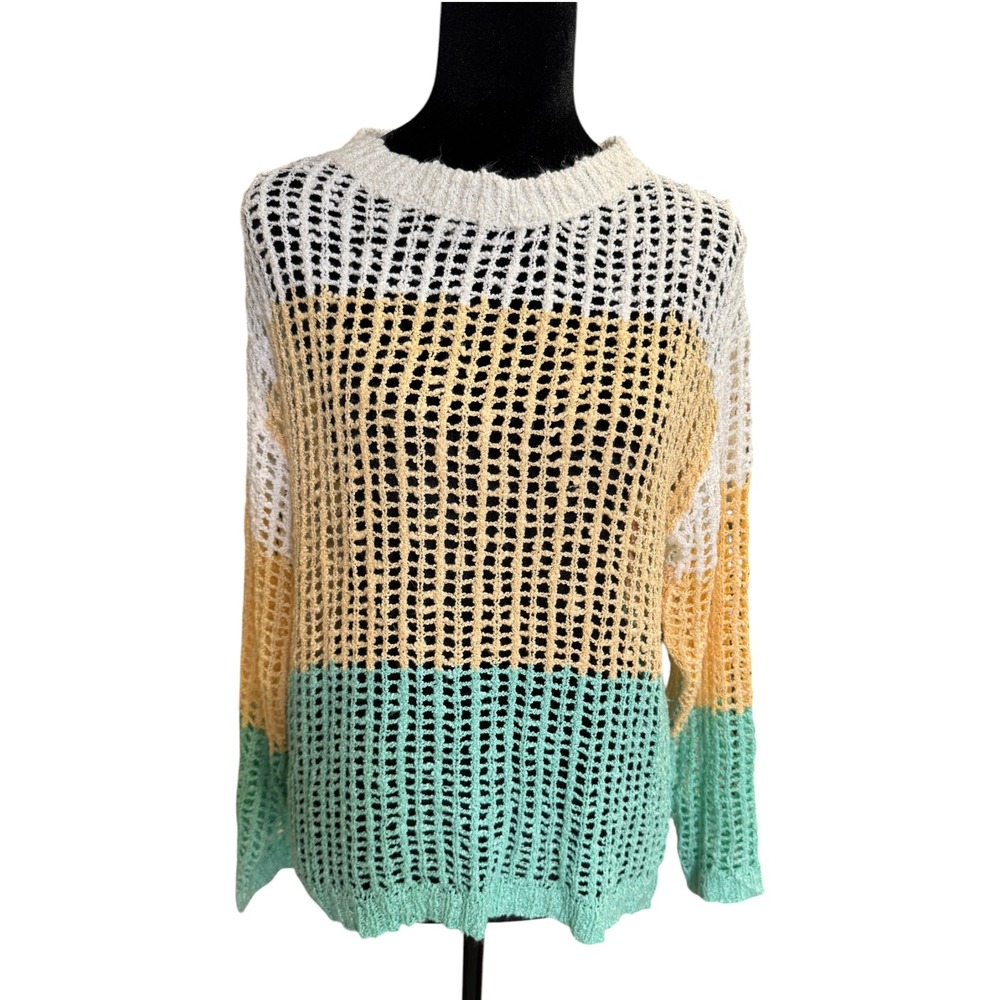 BiBi‎ Womens Small Colorblock Crochet Knit Sweater Open Weave Pastel Pullover